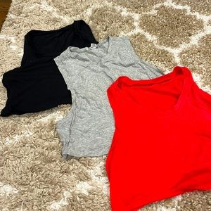 Cropped muscle tee trio combo, size M/L, black, grey and orange, barely worn